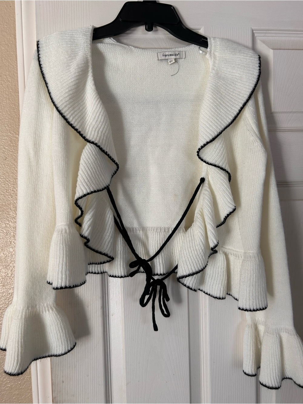 Francesca's Collections Cream Ruffle Tie-Front Cardigan with Black Trim